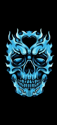 Arte de calavera azul eléctrico con diseño de llamas simétricas