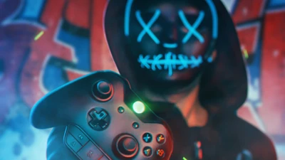 Gamer de neon com joystick contra graffiti urbano