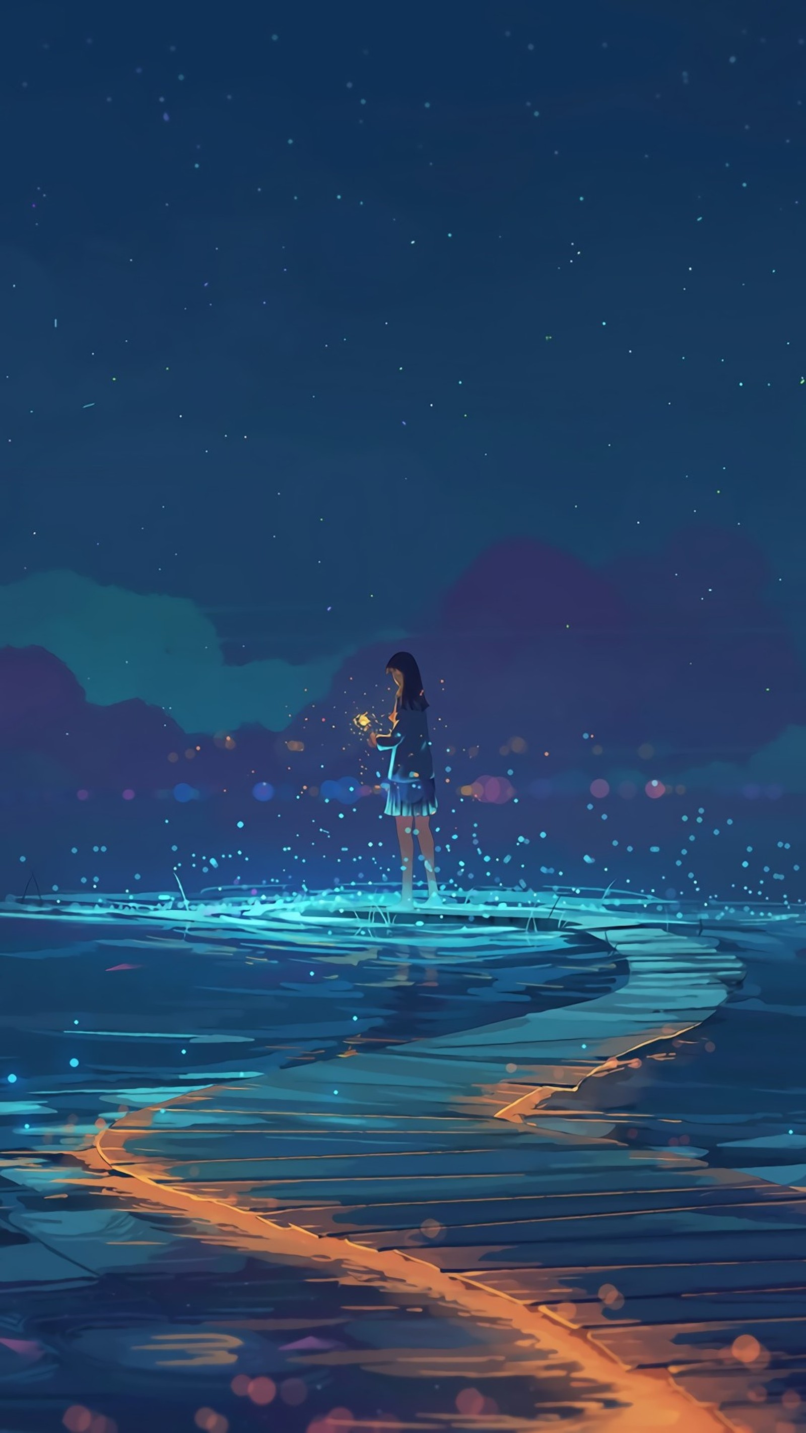 Fille anime debout sur un quai la nuit avec une étoile dans le ciel (anime, animation, nuit, étoile, espace)