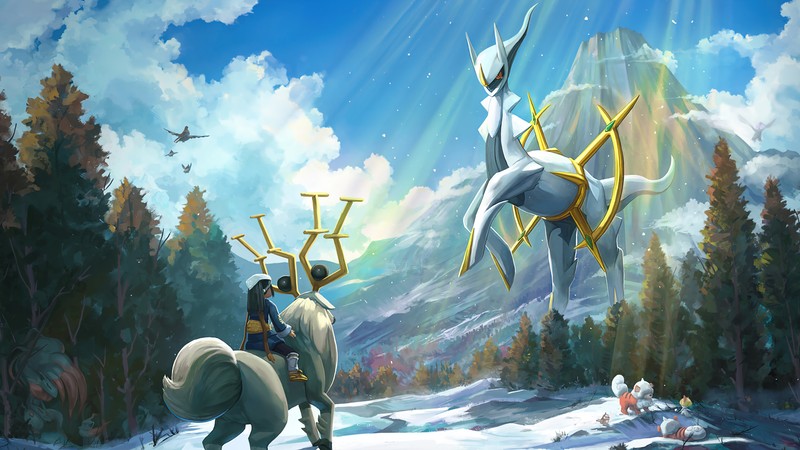 Аниме, мужчина на лошади с оленем (покемон легенды арceus, pokemon legends arceus, видеоигра, арceус, arceus)