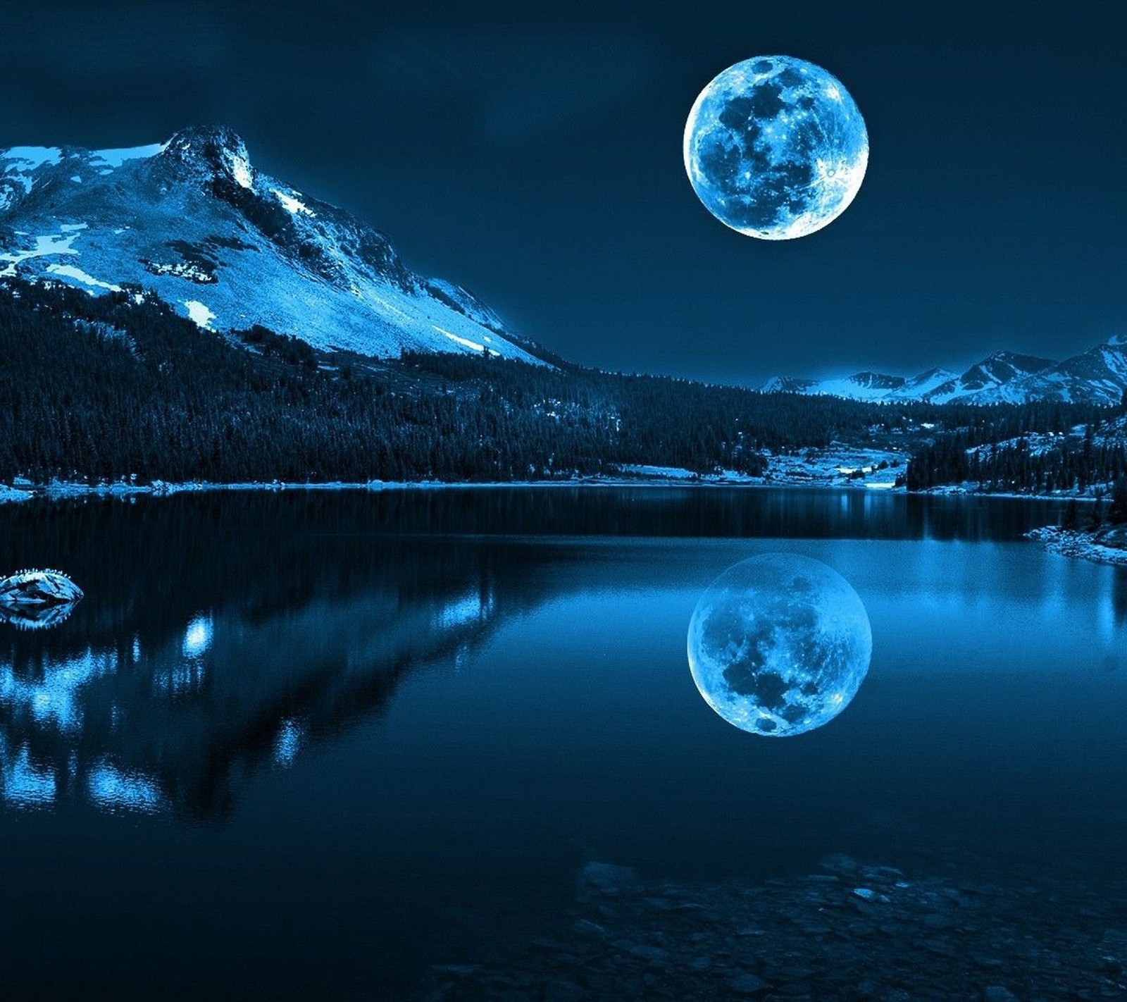 A large full moon is shining over a mountain lake (2880x2560, blue, dark, fantasy, lg g3)