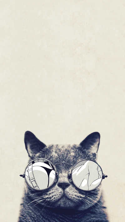 Gato con gafas redondas elegantes contra un fondo minimalista.