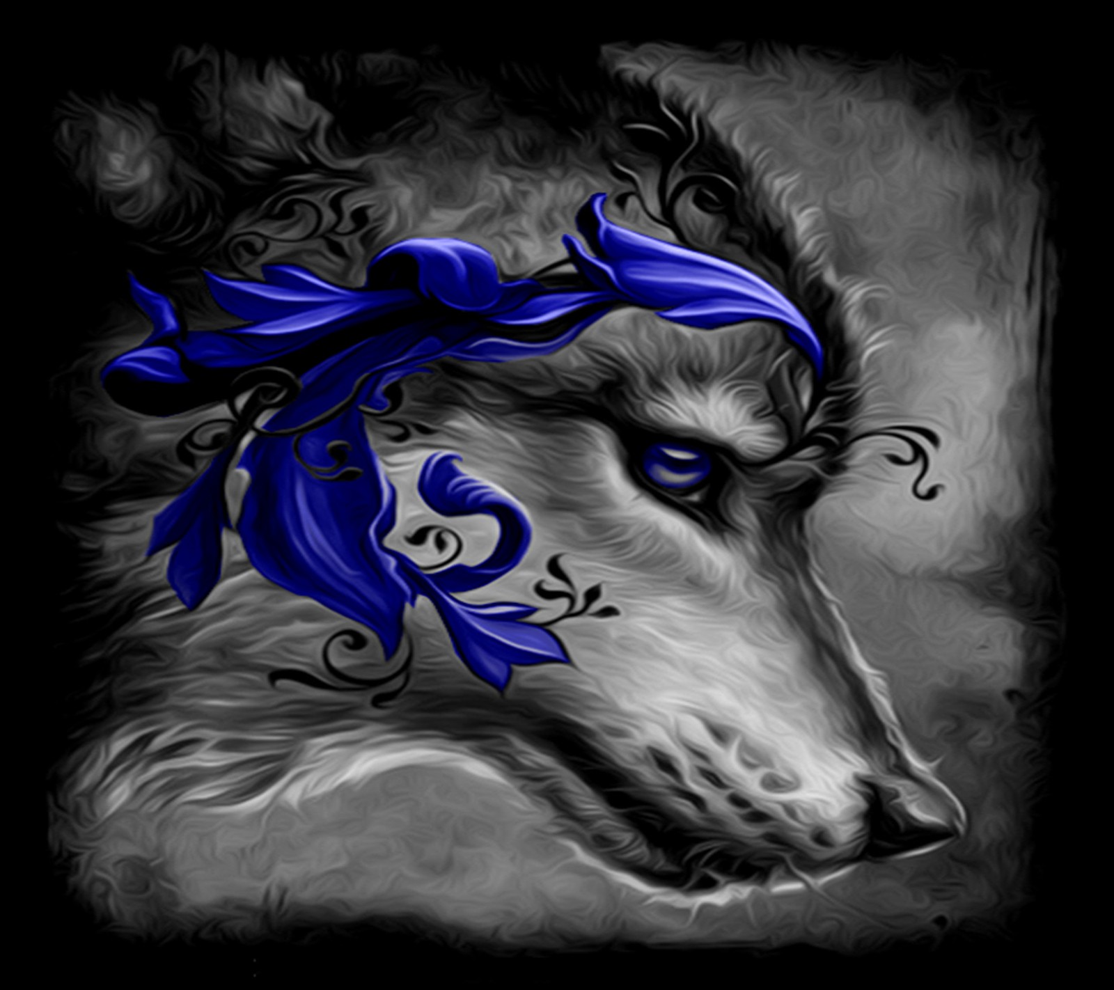 A black and white photo of a wolf with blue eyes (abstract, wolf)