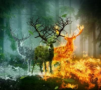 Elemental Deer: Nature's Balance of Fire, Water, and Forest