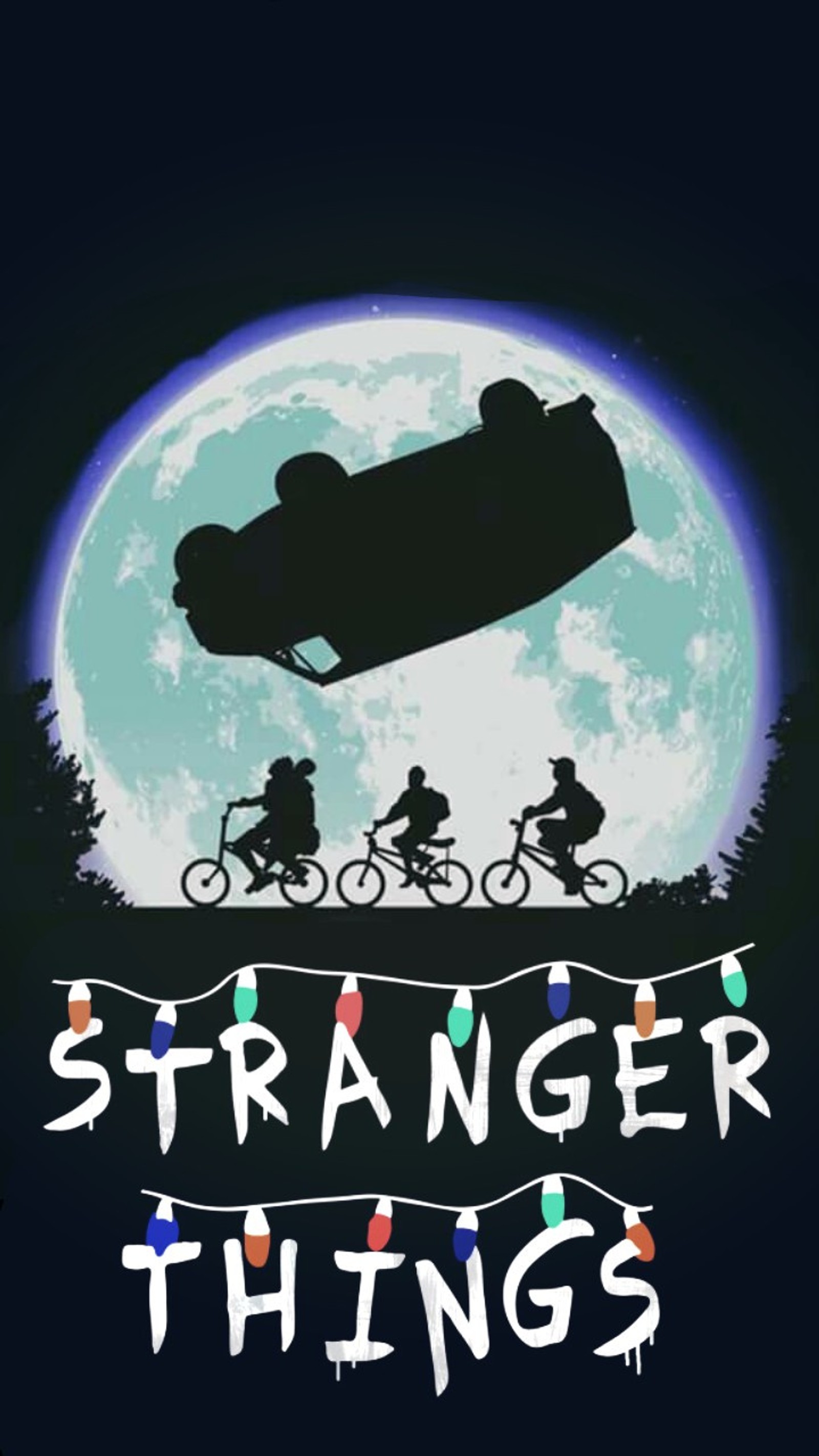 Une affiche d'un groupe de personnes faisant du vélo sous la pleine lune (demogorgon, onze, mike, netflix, stranger things)