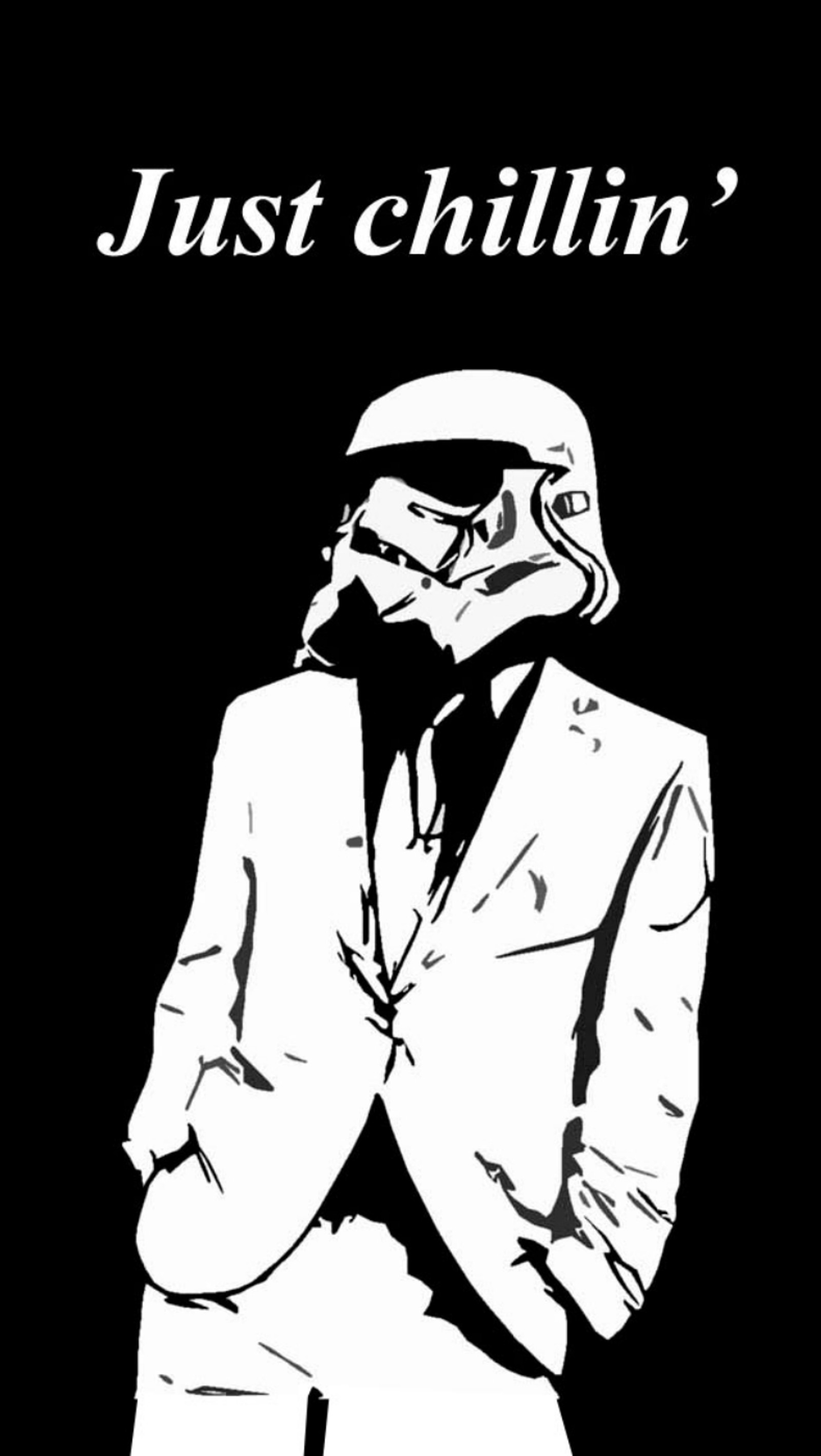 A close up of a person in a suit and tie with a storm trooper helmet (chillin, funny, star wars, stormtrooper)