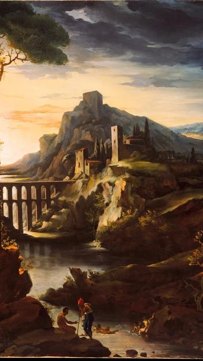 Eine ruhige Landschaft mit einem majestätischen Berg, antiker Architektur und Figuren an einem Fluss, die das Wesen des Romantizismus verkörpern.