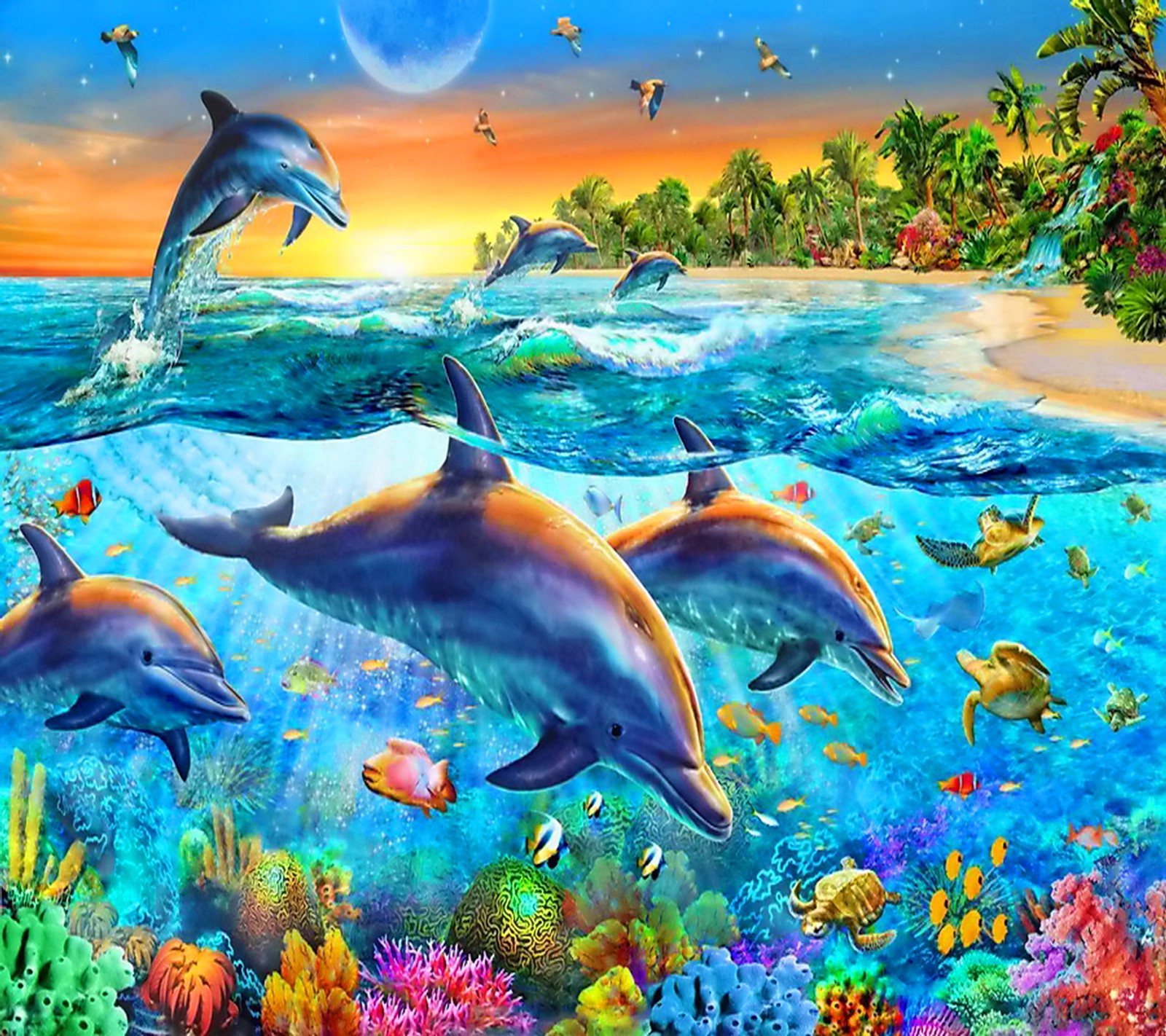 Dauphins dans l'océan avec des plantes tropicales et des poissons. (dauphins, tropical, sous leau)