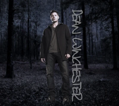 Dean Winchester in a dark, eerie forest setting.