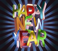 Colorful "Happy New Year" text with dynamic background rays.