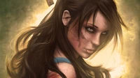 Lara Croft en una impactante representación de arte de fans, que presenta su largo cabello oscuro, expresión feroz y elementos que reflejan su espíritu aventurero en la serie Tomb Raider.