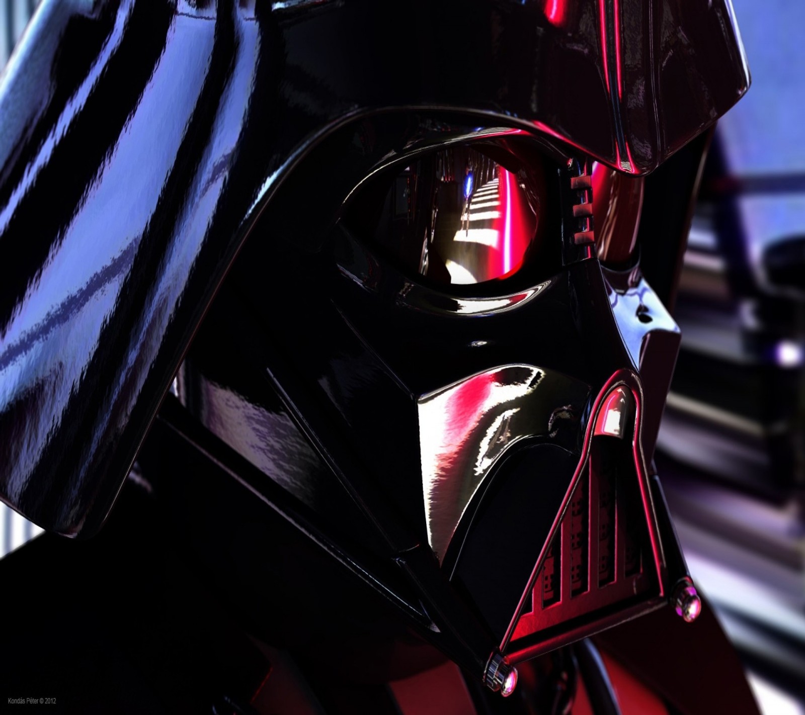 Darth vader helmet with red lights on and a black helmet (darth, darth vader, star wars, vader, vs)