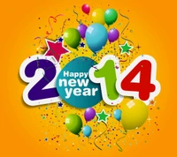 Colorful New Year 2014 Celebration with Balloons and Confetti