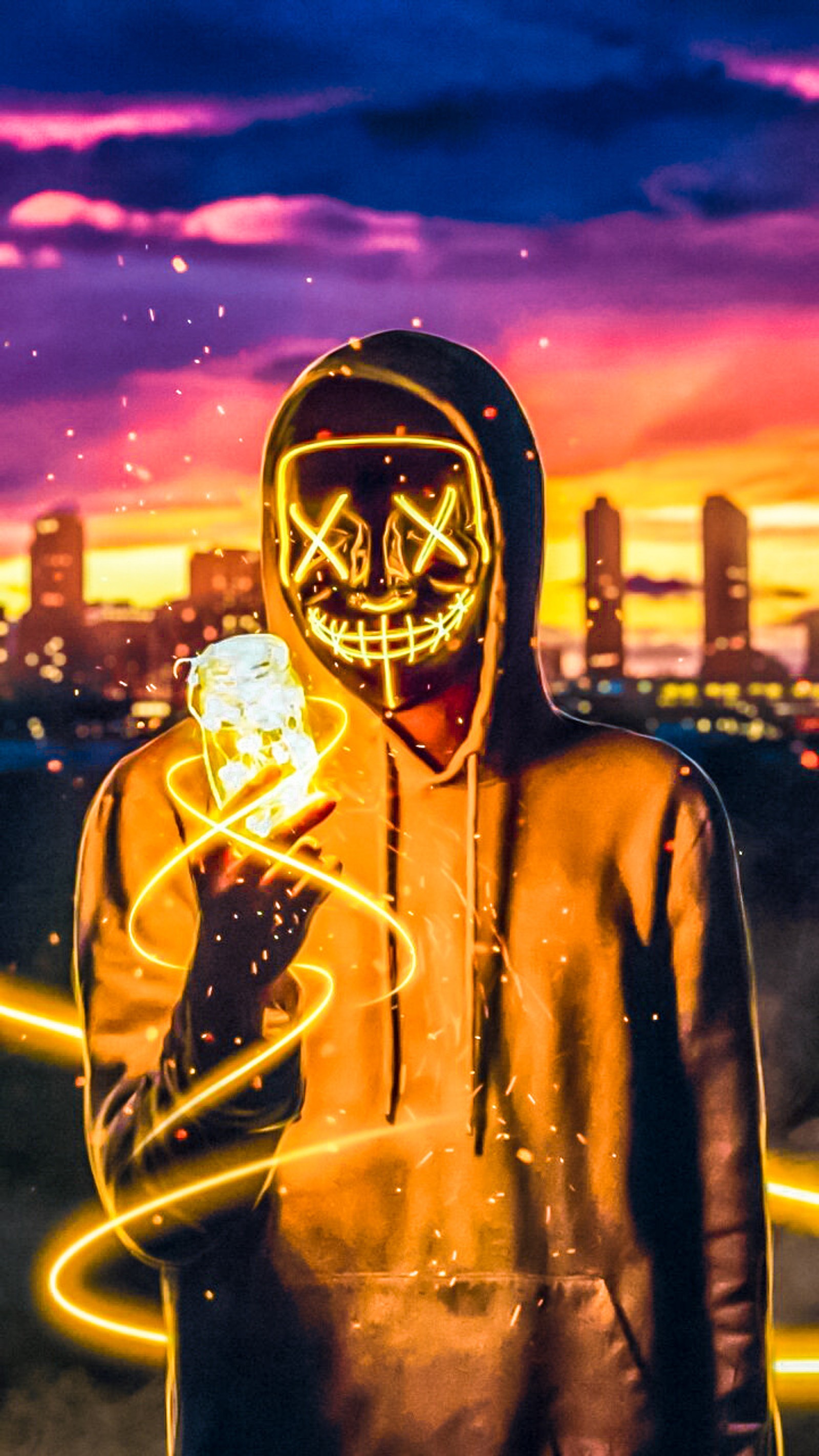 Arafed man in a hoodie holding a glowing object in front of a city (anonymous, badmash boy, badmashboy, hacker, neon mask)