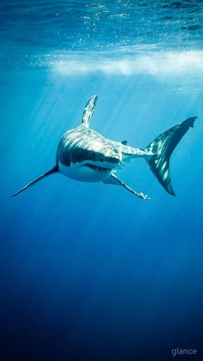 Majestoso grande tubarão branco deslizando pelas profundezas do oceano