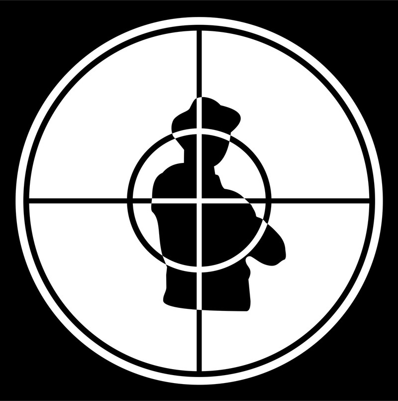 A black and white image of a man with a gun in a target (crosshairs, public enemy)