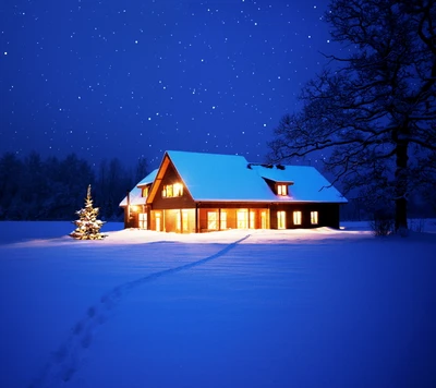 Casa de invierno acogedora iluminada bajo un cielo estrellado