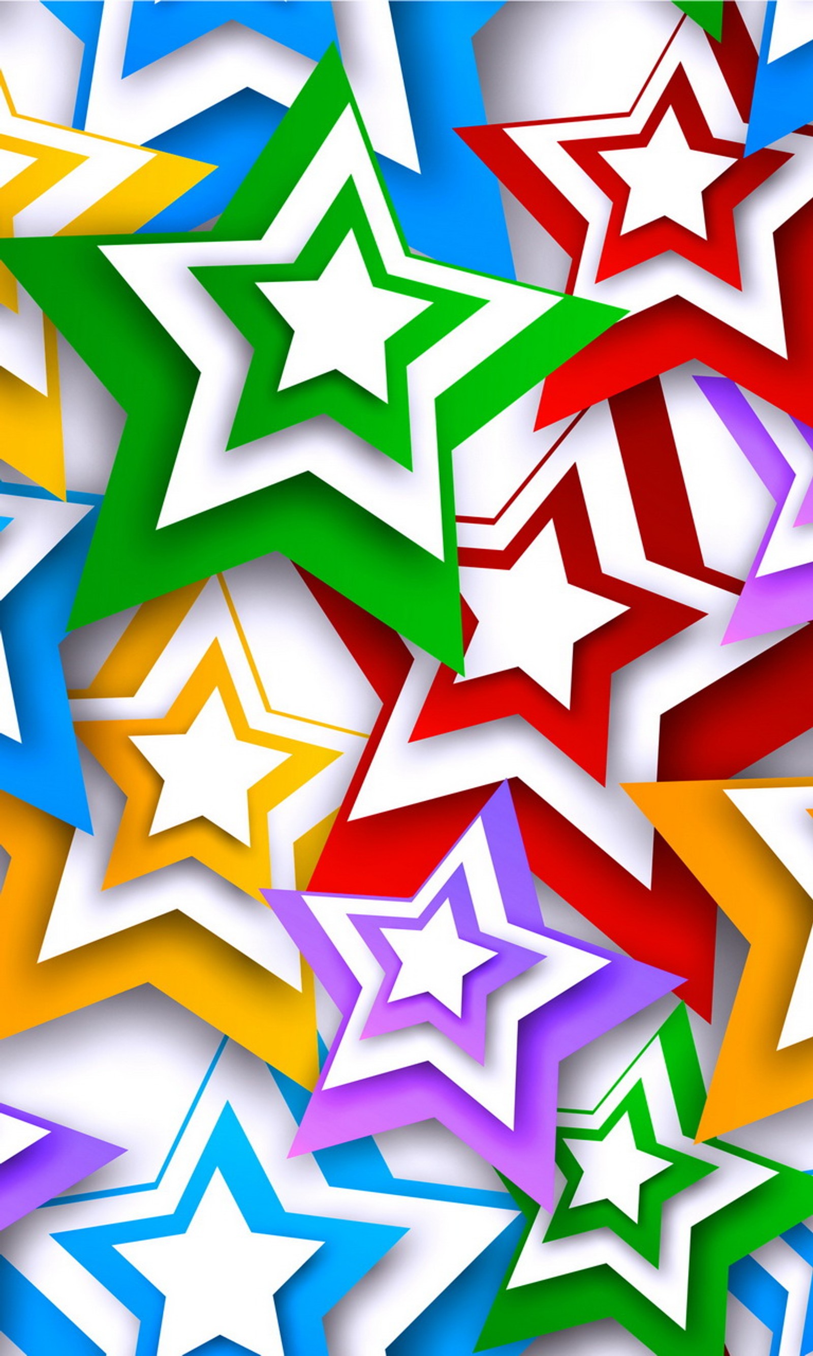 A close up of a bunch of colorful stars on a white background (3 d colored, abstract, background, colorful, stars)