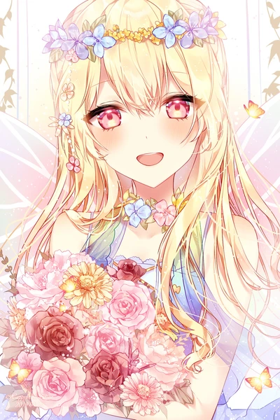 anime, anime mädchen, blond, niedlich, blumen