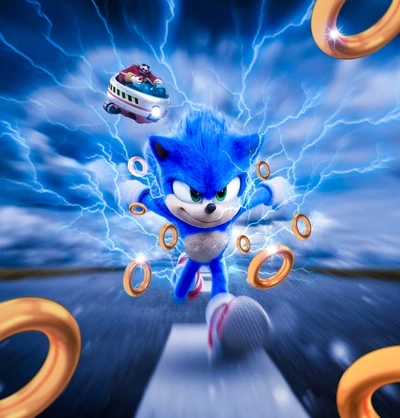 Sonic the Hedgehog Racing Through Lightning with Dr. Eggman in Pursuit