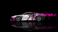 Lamborghini sports car with a striking pink and white design, set against a black background, showcasing modern automotive artistry.