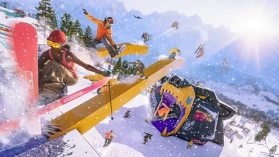 Dynamic snowboarding action in Riders Republic, showcasing thrilling tricks and vibrant landscapes.