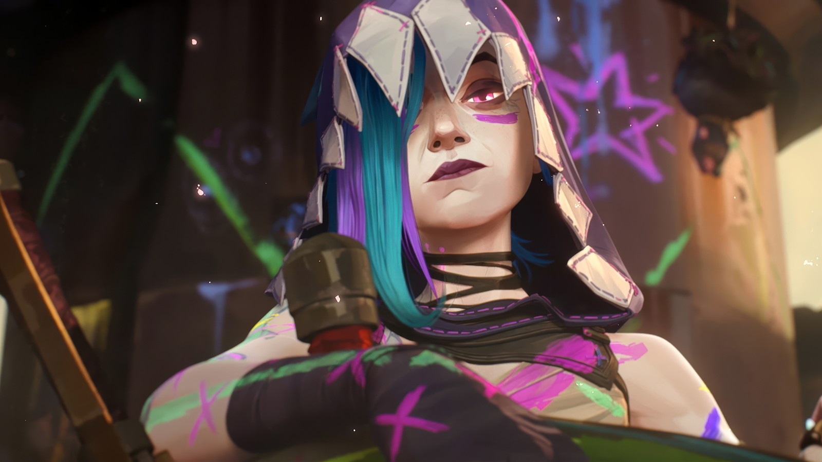 A close up of a person with a sword and a helmet (jinx, arcane series, tv series, league of legends, season 2)