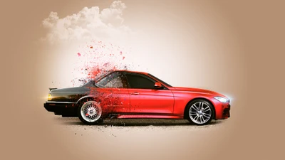 Dynamic Red Sports Car with Explosive Design Elements