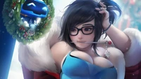 Mei from Overwatch in a festive setting with winter attire and holiday decorations.