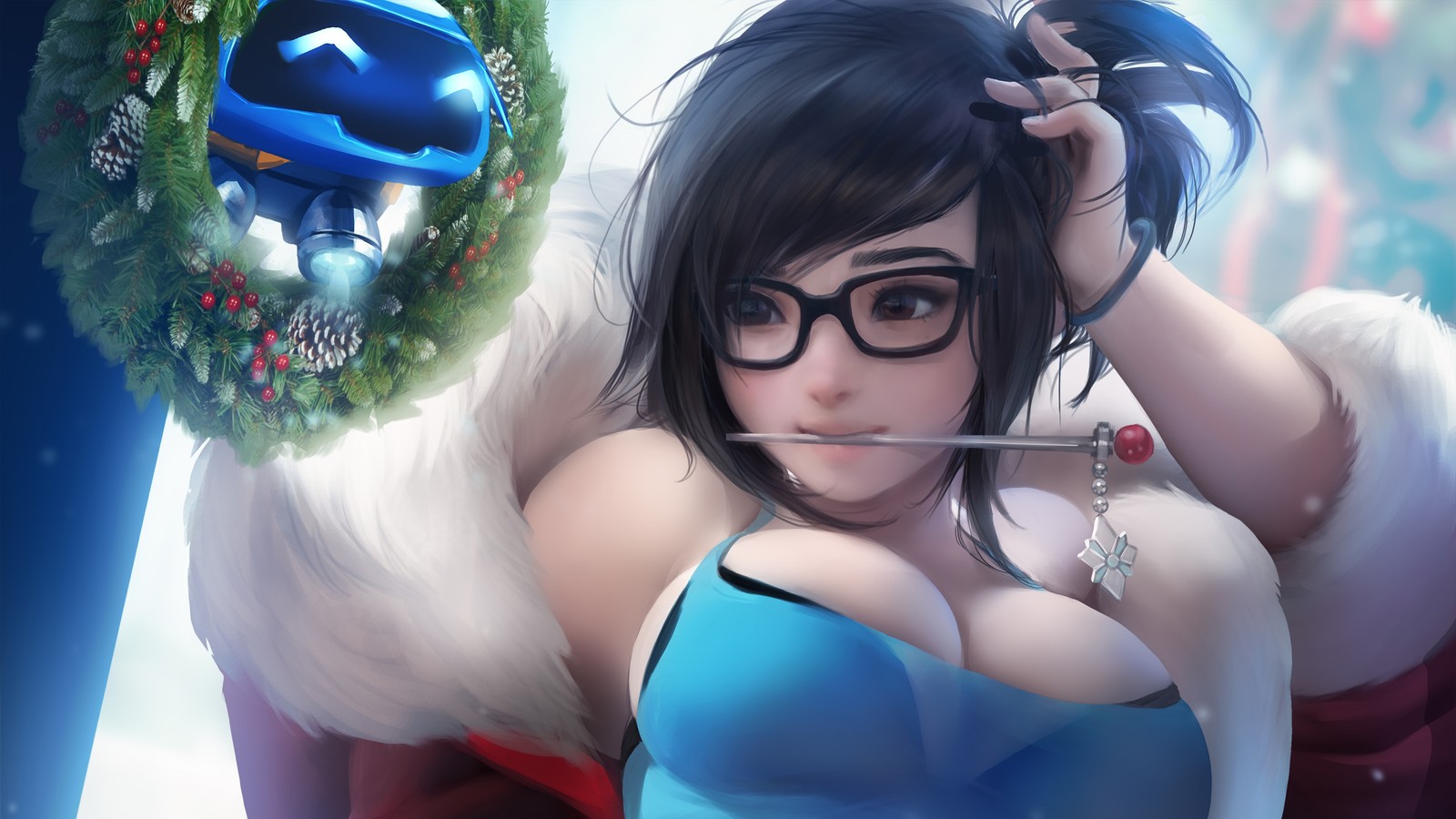 Fille anime avec des lunettes et un haut bleu fumant une cigarette (mei, overwatch, jeu vidéo)