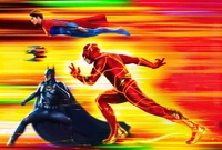 Confronto dinâmico com The Flash, Sasha Calle como Supergirl e Batman em uma cena vibrante e cheia de ação do filme de 2023.