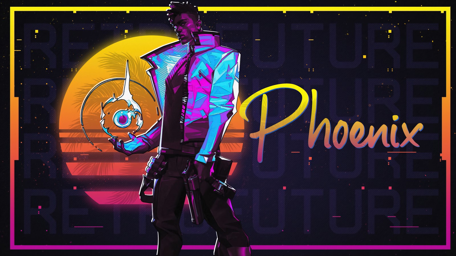 A man in a neon jacket and tie standing in front of a neon background (valorant, video game, phoenix, synthwave, retrowave)