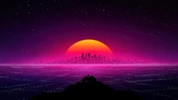 Pôr do sol vaporwave sobre uma paisagem urbana futurista