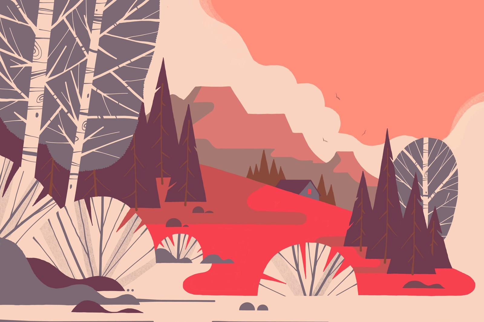 Illustration of a landscape with a river and trees (google, google chrome, chrome os, chrome os 2020, drawing)