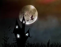 Witch Flying Over a Mystical House Under a Full Moon