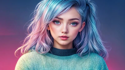 Fantasieporträt eines asiatischen Mädchens mit blauen Haaren und Augen