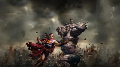 Superman affronte Doomsday dans une bataille épique au milieu d'un paysage urbain orageux