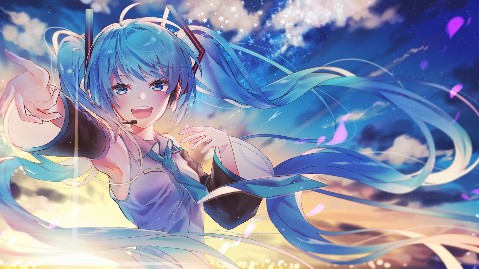 A woman with blue hair and a blue dress is flying through the air (anime, girls, singing, hatsune miku, vocaloid)