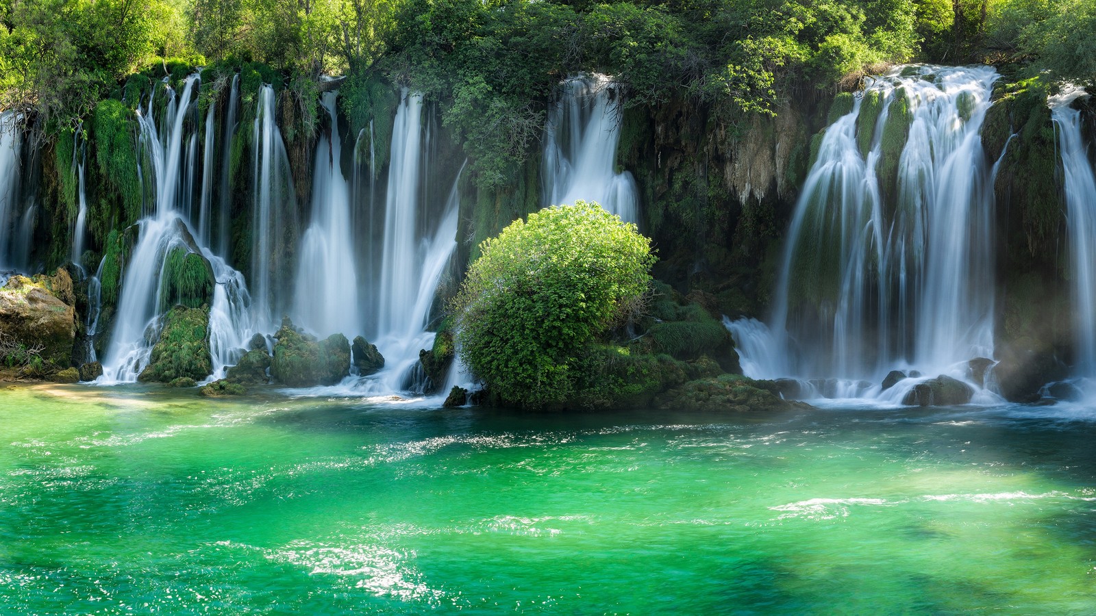 Una cascada en medio de un bosque con agua verde (cascada, recursos hídricos, cuerpo de agua, naturaleza, agua)