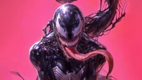 Venom feminino com a língua de fora em um estilo Marvel vívido