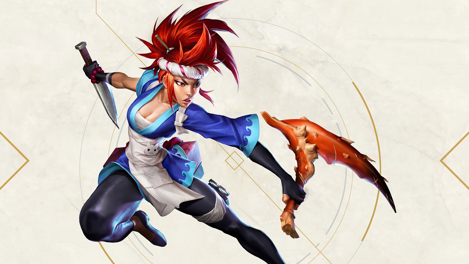 Eine frau mit roten haaren und einem schwert in einem blauen outfit (akali, sashimi, league of legends, lol, videospiel)