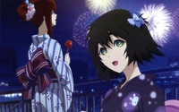 mayuri shiina, kurisu makise, rintarou okabe, fireworks, space wallpaper