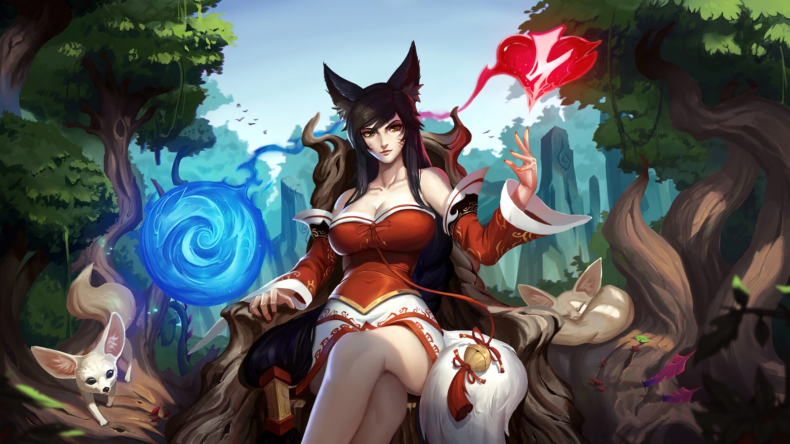 Una mujer en un vestido rojo sentada en un árbol con una pelota roja (ahri, league of legends, lol, videojuego, arte)