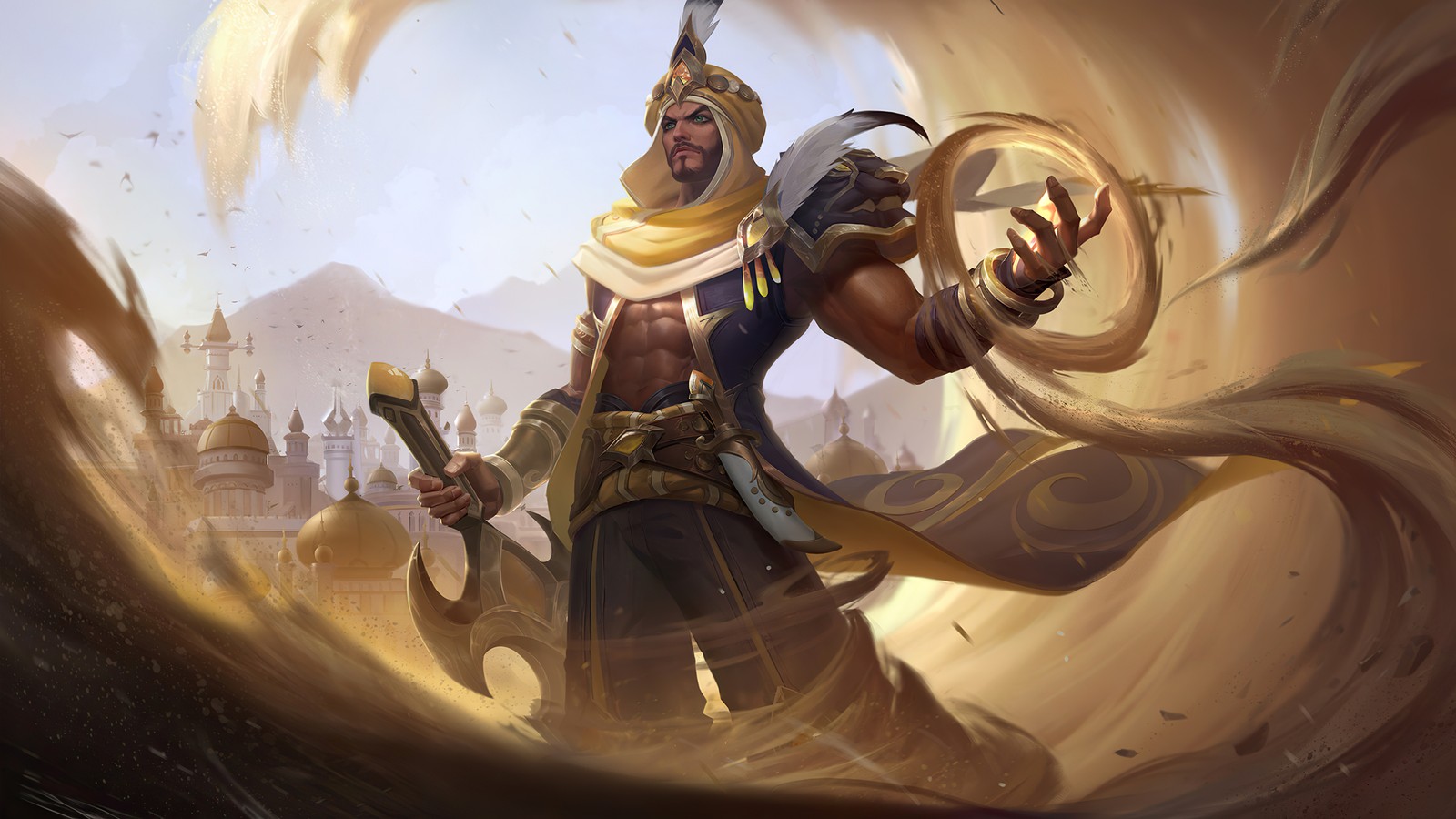 Un homme en tenue dorée tenant une épée et un bouclier (khaleed, prince of sand, peau, mobile legends, bang bang)