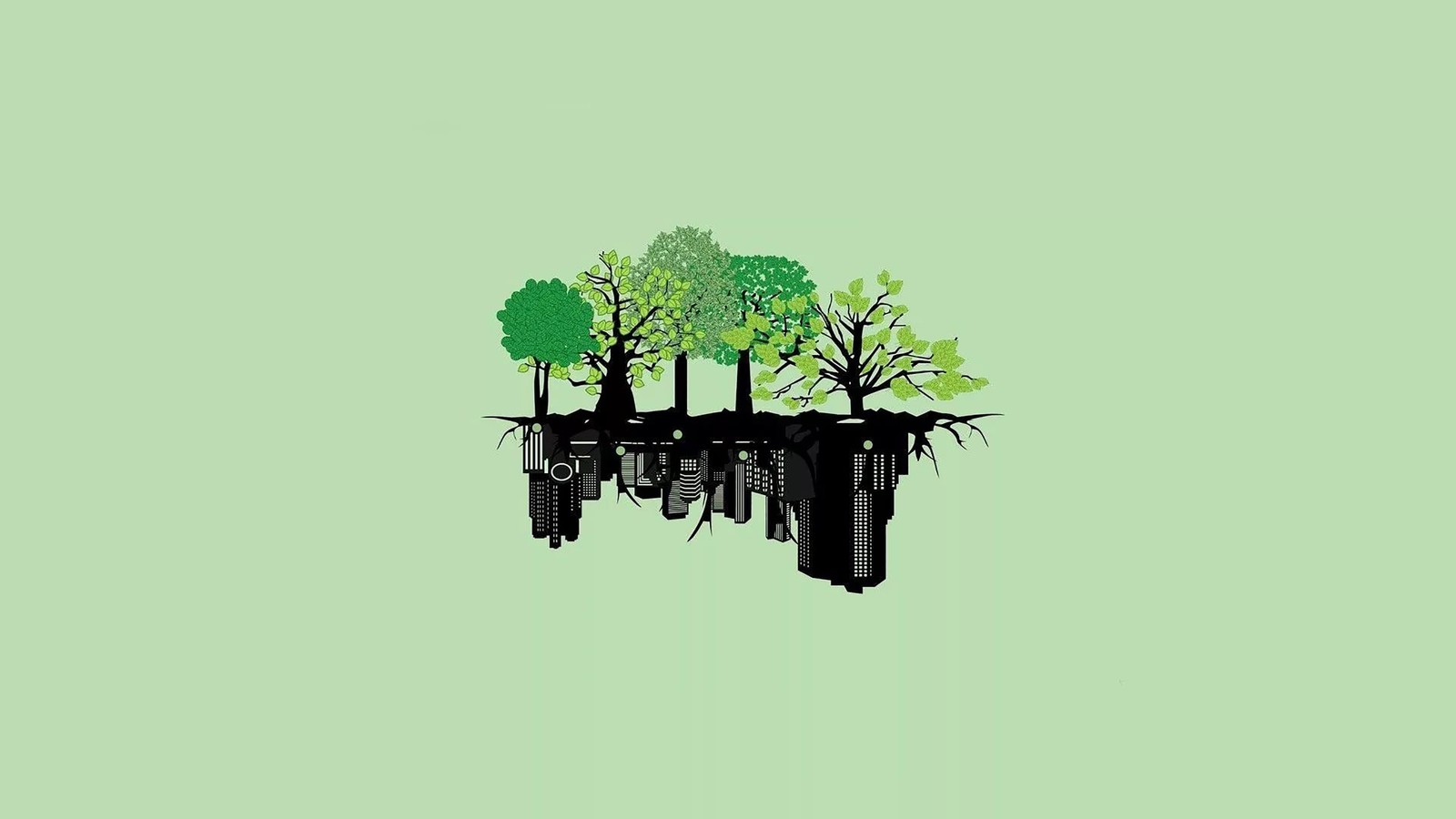 Un fond vert avec des arbres et des bâtiments au milieu (minimalisme, branche, vert, feuille, tige de plante)