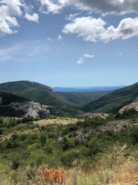 Vallée alpine sereine entourée de végétation luxuriante et de montagnes ondulées