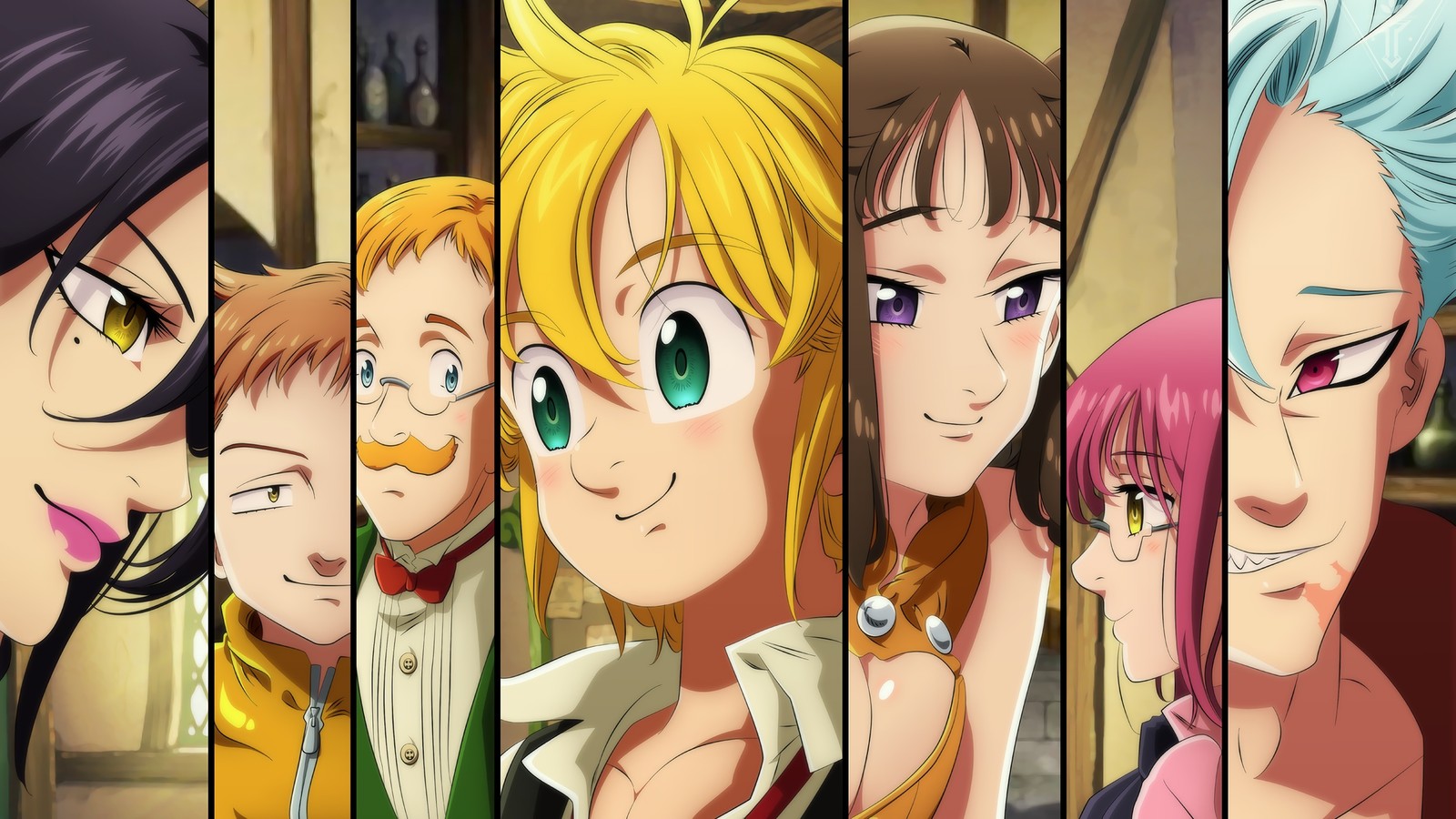 Un grupo de personajes de anime con cabello de diferentes colores (miembros, nanatsu no taizai, los siete pecados capitales, the seven deadly sins, anime)