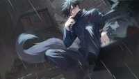 Megumi Fushiguro invoquant un loup sous la pluie - Jujutsu Kaisen