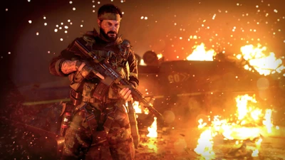 Frank Woods in Action Amidst Explosions in Call of Duty: Black Ops Cold War