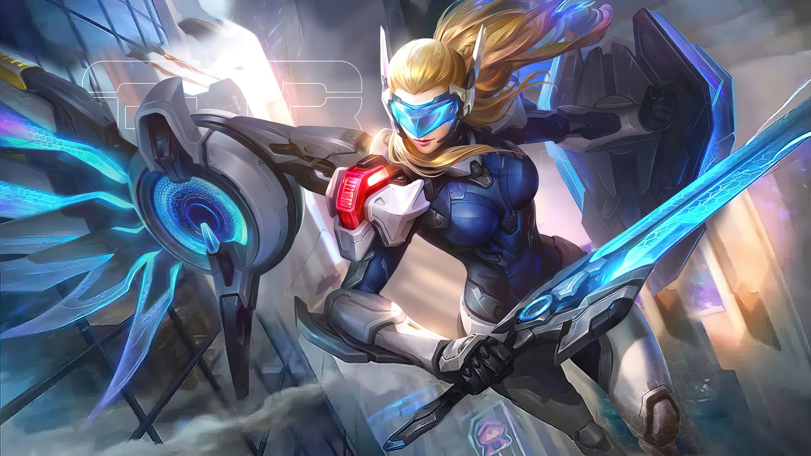 Une femme en tenue bleue tenant une épée (freya, saber manhunter, peau, mobile legends, bang bang)